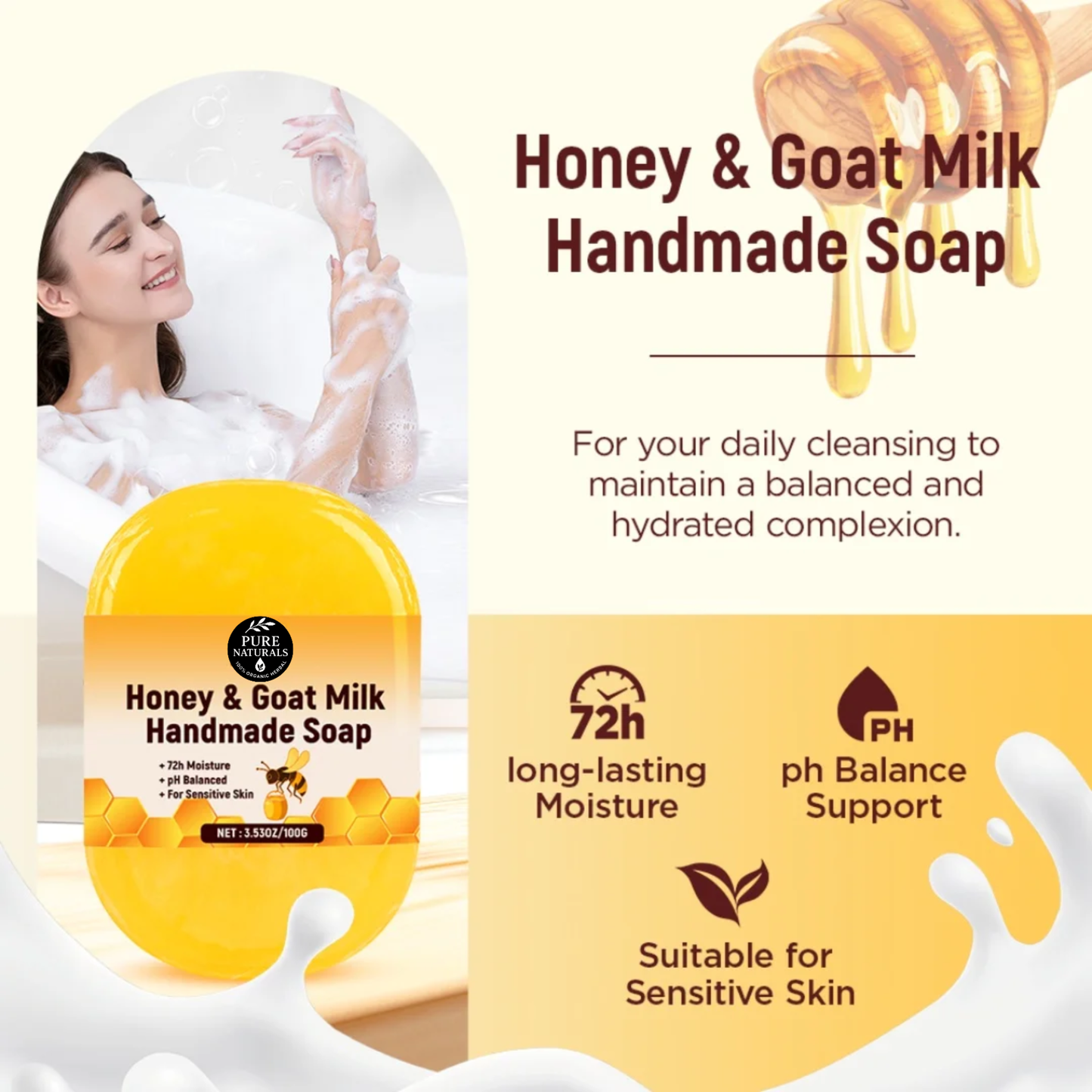 1 Piece Premium Quality Purely Natural Honey and Goat Milk Handmade Soap